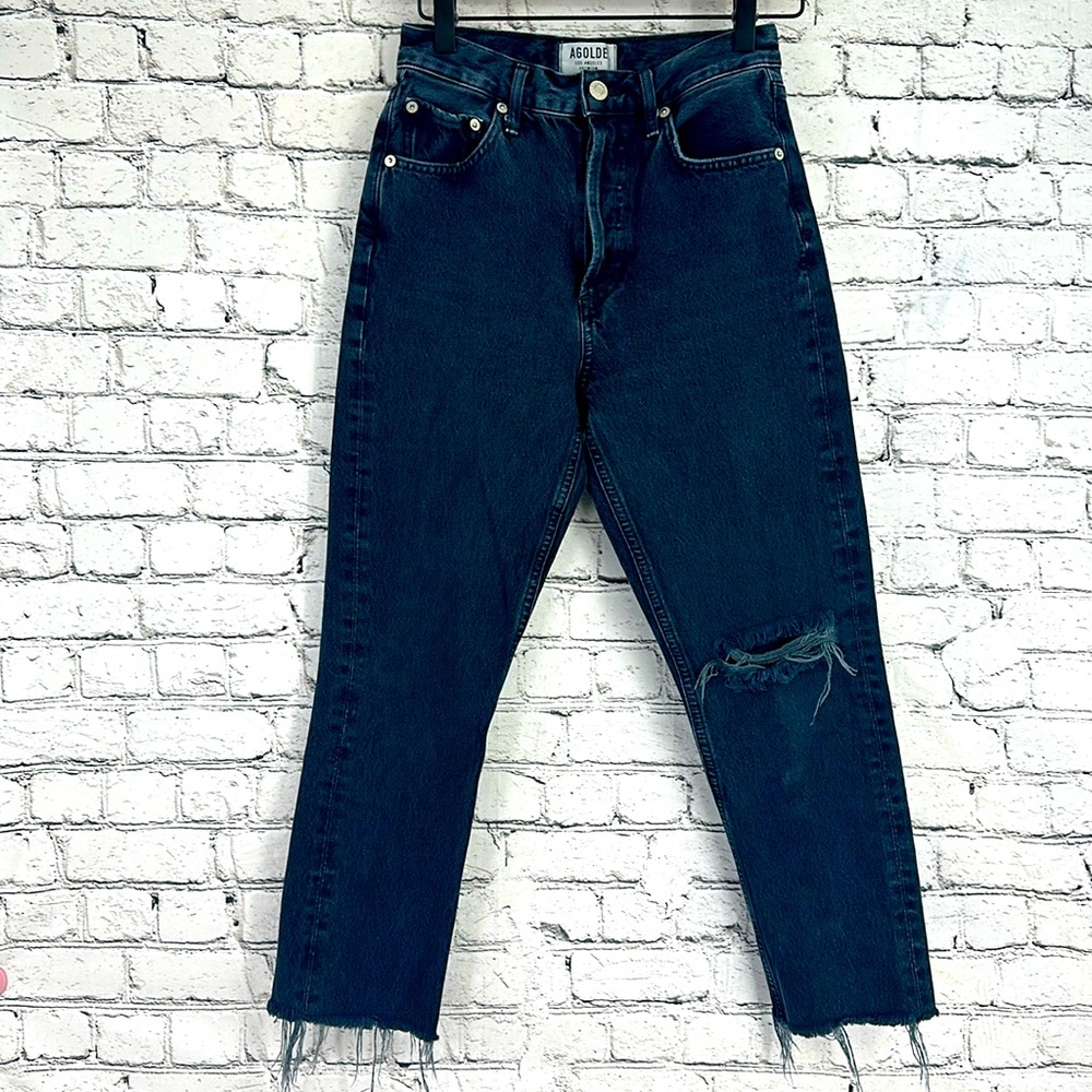 AGOLDE Tapered High-Rise Distressed Denim Jeans — Size 23 — Dark Wash — EUC